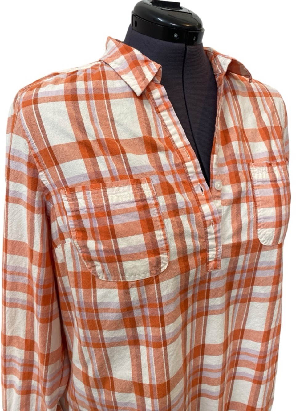 Como Vintage Women plus size 2X Orange Cream White Plaid Pop Over Button  Blouse - Picture 2 of 5